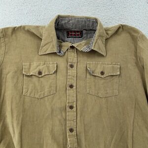 Vtg Woodland Corduroy Shirt L/XL Tan Khaki Button Down Long Sleeve Gingham Trim